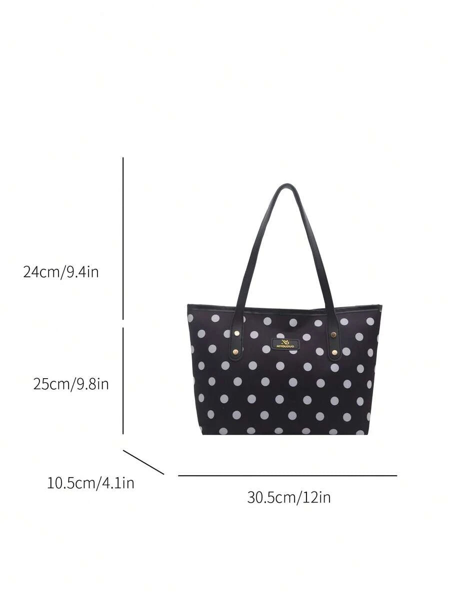 1pc Black Large Capacity Polka Dot Nylon Tote Bag Women's Shoulder Bag