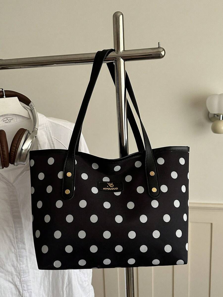 1pc Black Large Capacity Polka Dot Nylon Tote Bag Women's Shoulder Bag