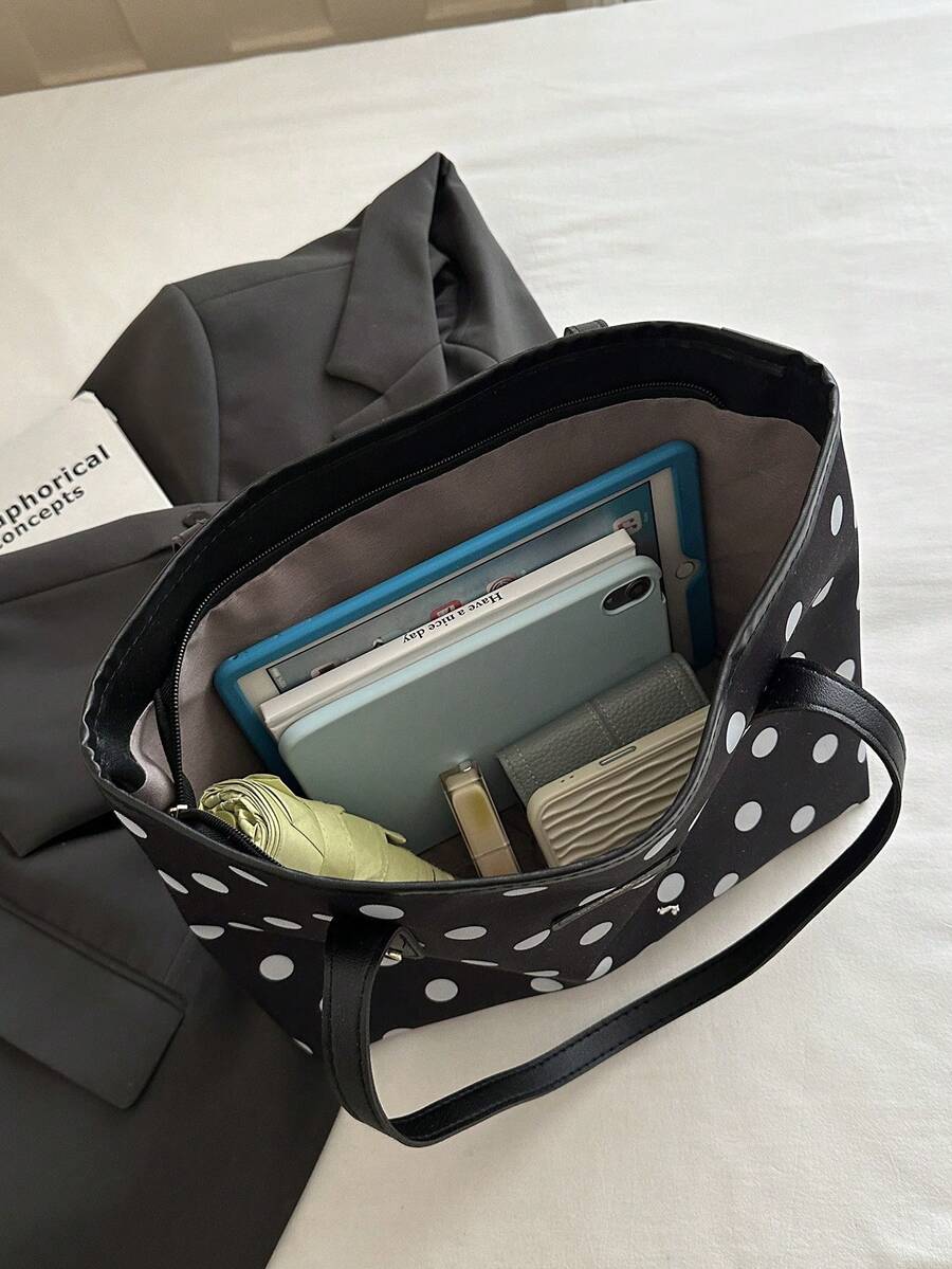 1pc Black Large Capacity Polka Dot Nylon Tote Bag Women's Shoulder Bag
