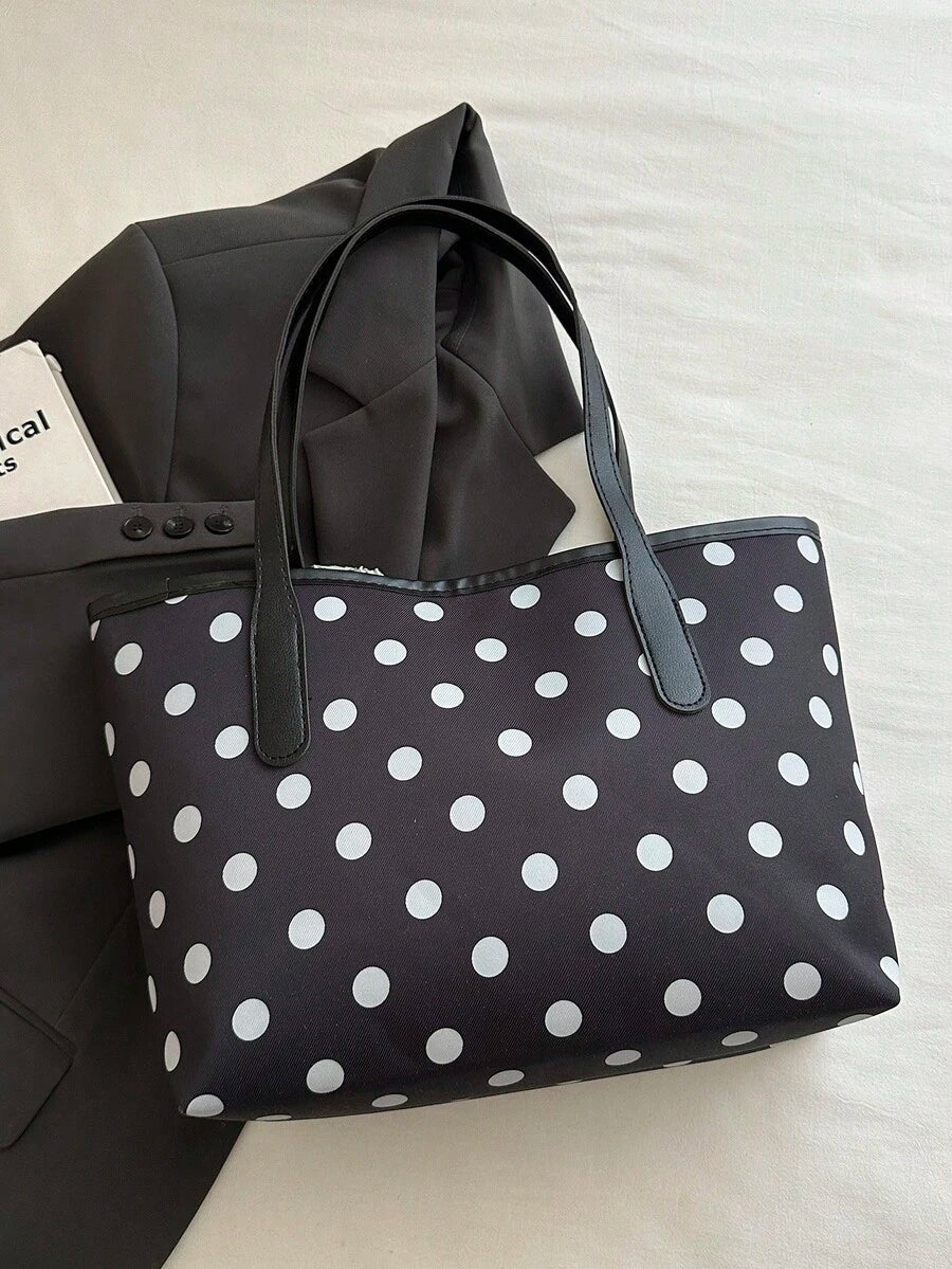 1pc Black Large Capacity Polka Dot Nylon Tote Bag Women's Shoulder Bag