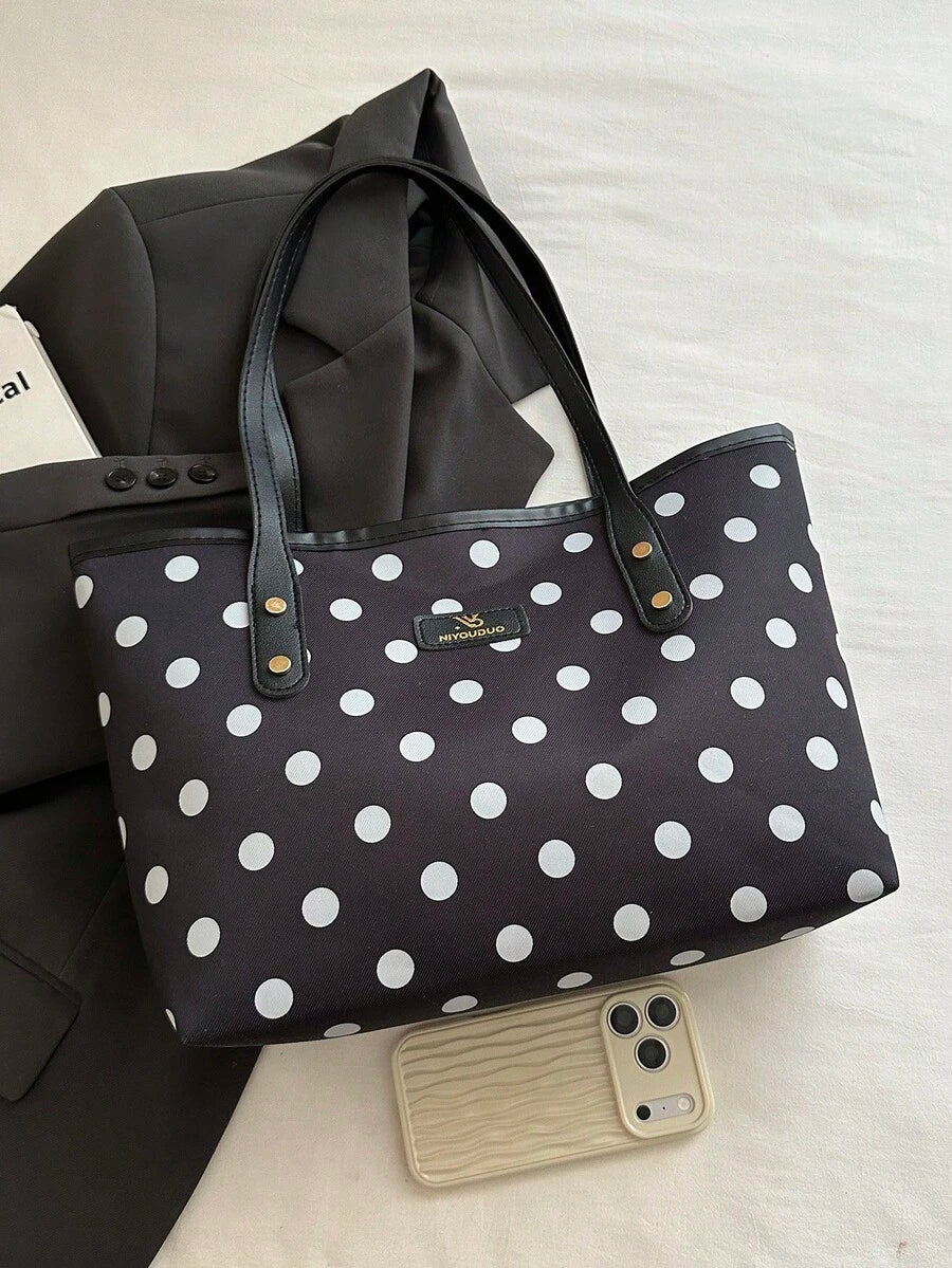 1pc Black Large Capacity Polka Dot Nylon Tote Bag Women's Shoulder Bag