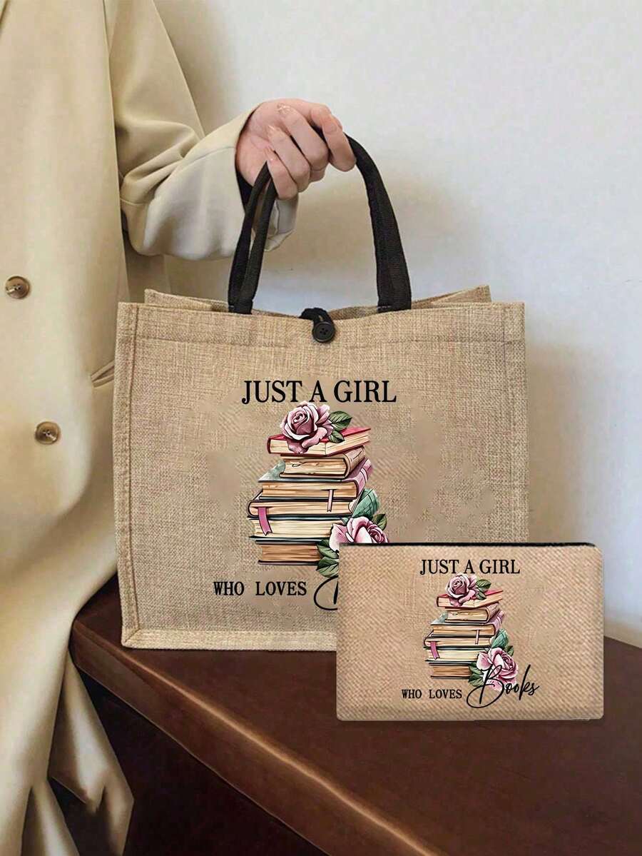 Linen Tote Bag Set, Printed With "I'm Just A Book-Loving Girl" Text, Decorated With Vintage Stacked Books And Pink Rose Floral Pattern, Large Capacity Jute Shoulder Tote Bag + Small Zipper Coin Purse