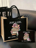 Linen Tote Bag Set, Printed With "I'm Just A Book-Loving Girl" Text