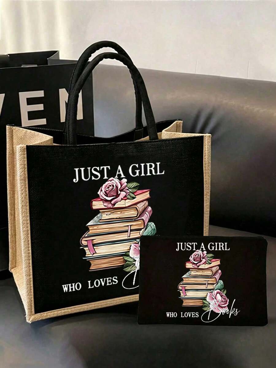Linen Tote Bag Set, Printed With "I'm Just A Book-Loving Girl" Text, Decorated With Vintage Stacked Books And Pink Rose Floral Pattern, Large Capacity Jute Shoulder Tote Bag + Small Zipper Coin Purse
