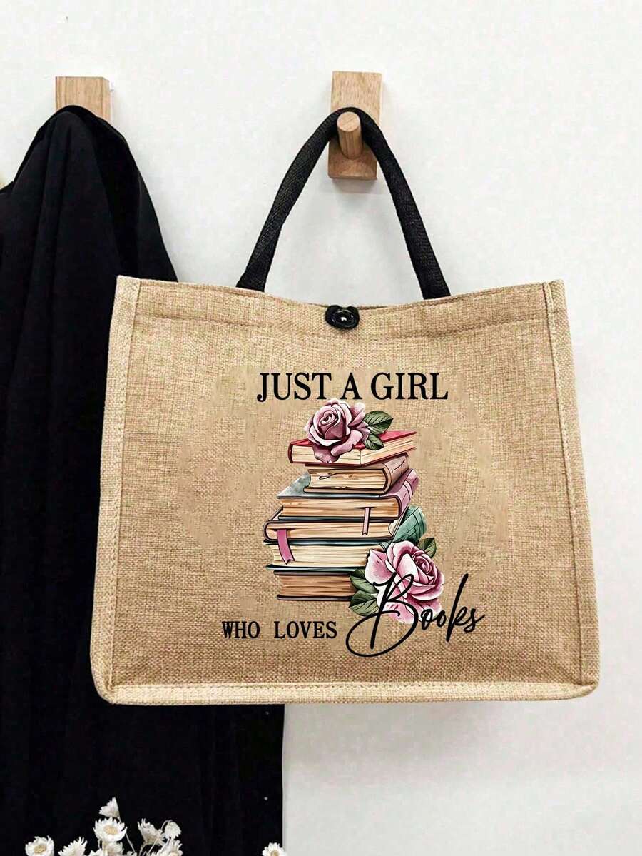 Linen Tote Bag Set, Printed With "I'm Just A Book-Loving Girl" Text, Decorated With Vintage Stacked Books And Pink Rose Floral Pattern, Large Capacity Jute Shoulder Tote Bag + Small Zipper Coin Purse
