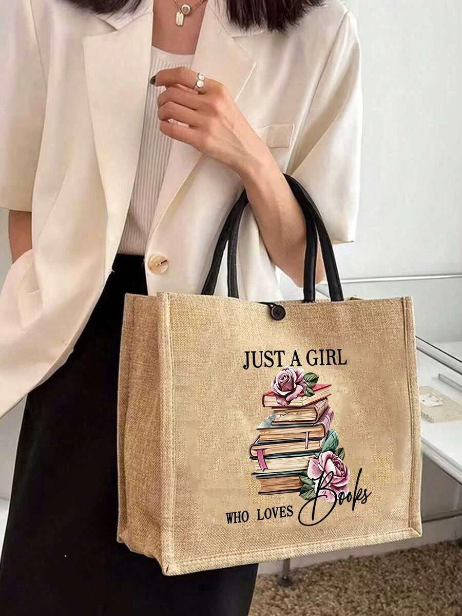 Linen Tote Bag Set, Printed With "I'm Just A Book-Loving Girl" Text, Decorated With Vintage Stacked Books And Pink Rose Floral Pattern, Large Capacity Jute Shoulder Tote Bag + Small Zipper Coin Purse