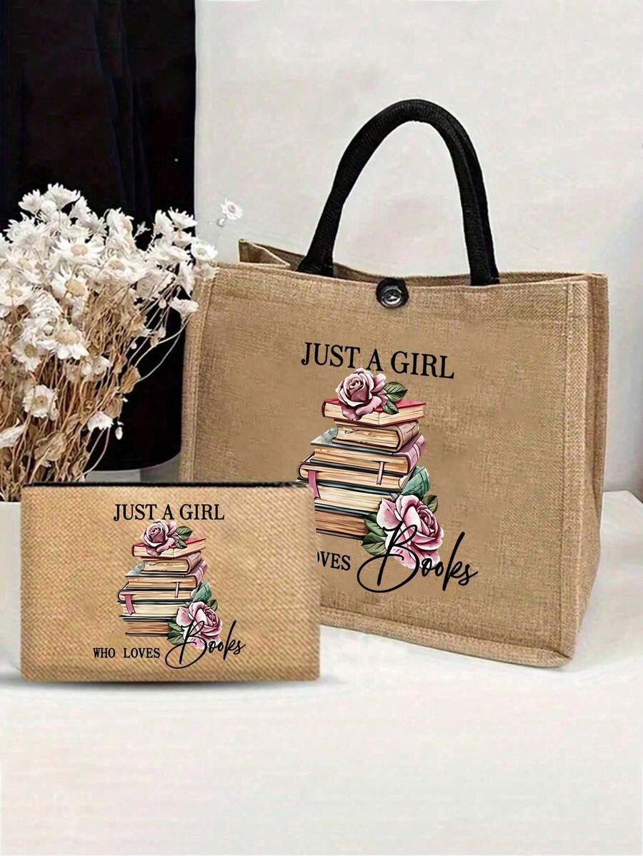 Linen Tote Bag Set, Printed With "I'm Just A Book-Loving Girl" Text, Decorated With Vintage Stacked Books And Pink Rose Floral Pattern, Large Capacity Jute Shoulder Tote Bag + Small Zipper Coin Purse