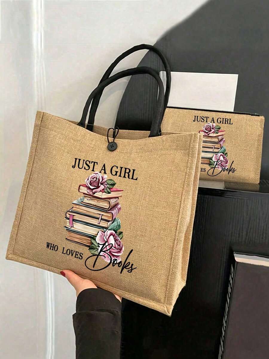 Linen Tote Bag Set, Printed With "I'm Just A Book-Loving Girl" Text, Decorated With Vintage Stacked Books And Pink Rose Floral Pattern, Large Capacity Jute Shoulder Tote Bag + Small Zipper Coin Purse