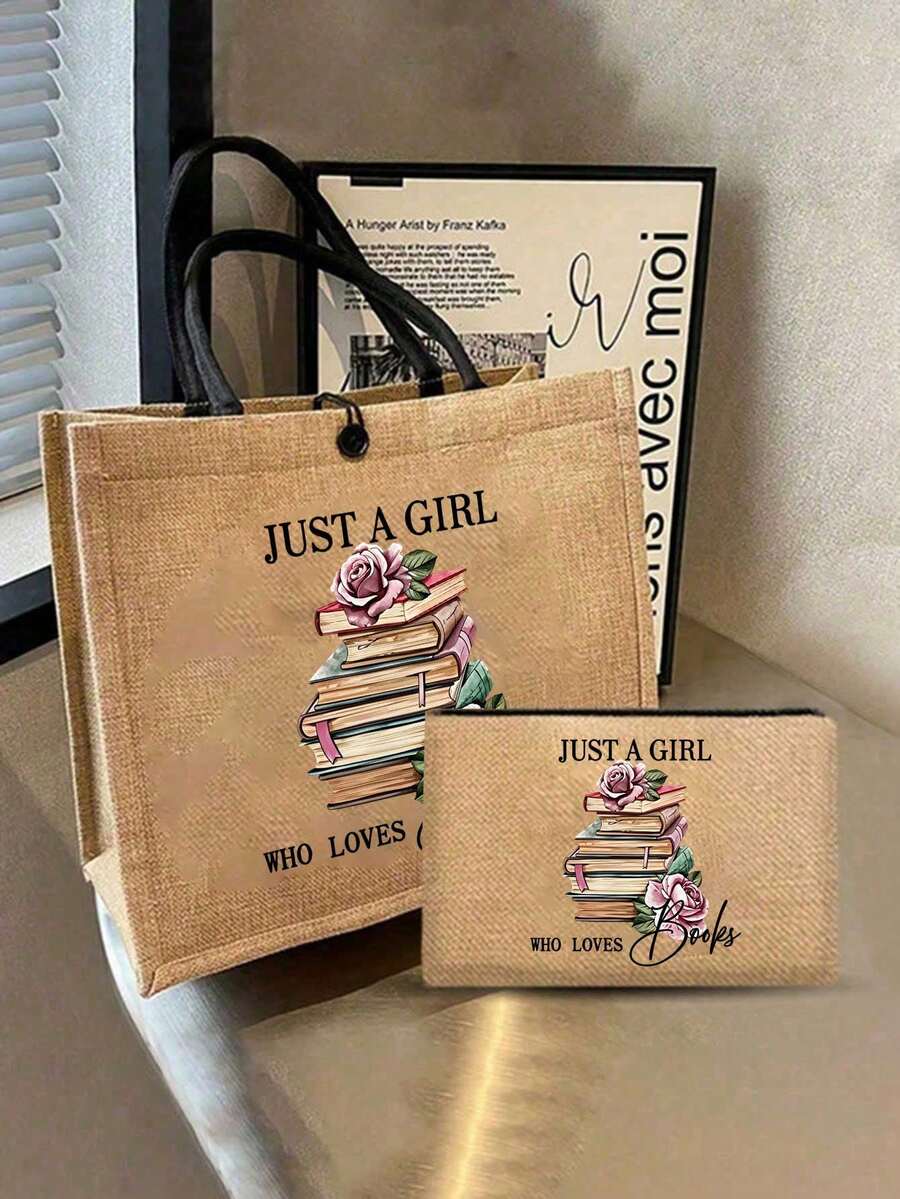 Linen Tote Bag Set, Printed With "I'm Just A Book-Loving Girl" Text, Decorated With Vintage Stacked Books And Pink Rose Floral Pattern, Large Capacity Jute Shoulder Tote Bag + Small Zipper Coin Purse