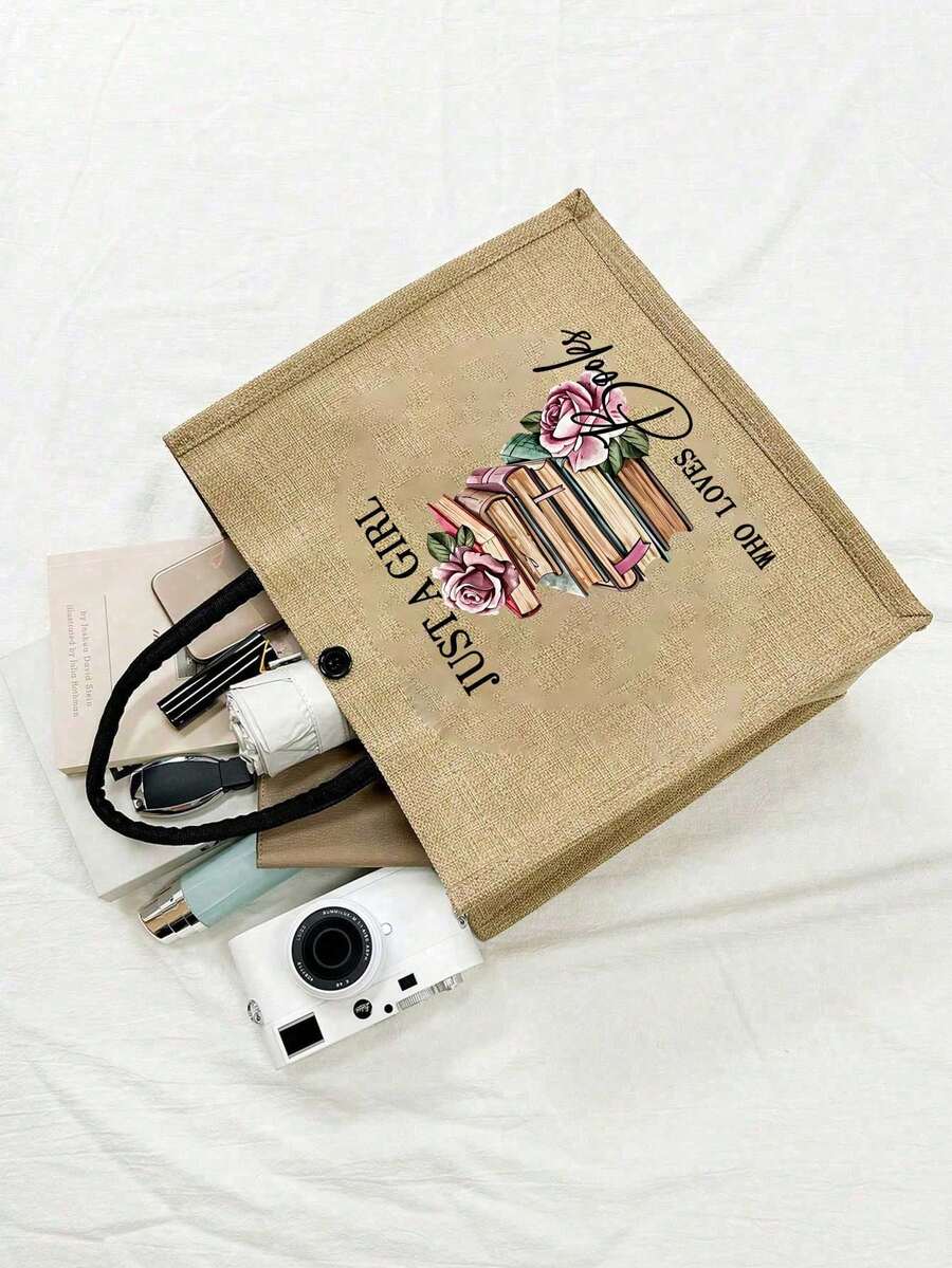 Linen Tote Bag Set, Printed With "I'm Just A Book-Loving Girl" Text, Decorated With Vintage Stacked Books And Pink Rose Floral Pattern, Large Capacity Jute Shoulder Tote Bag + Small Zipper Coin Purse