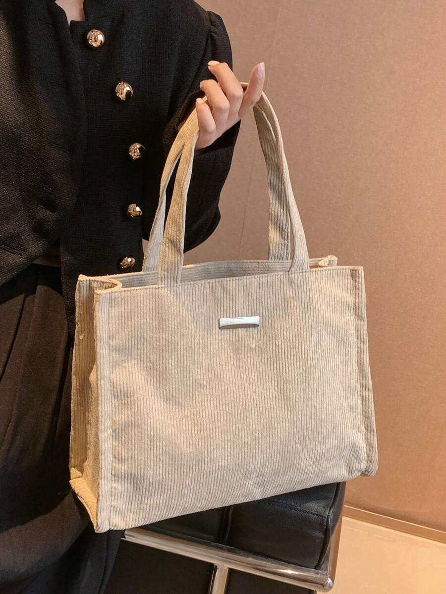 Women's Minimalist Ribbed Tote Bag, Metal Logo Zipper Handbag, Lightweight Shoulder Bag, Suitable For Commuting, School, Daily Shopping