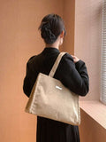 Women's Minimalist Ribbed Tote Bag, Metal Logo Zipper Handbag
