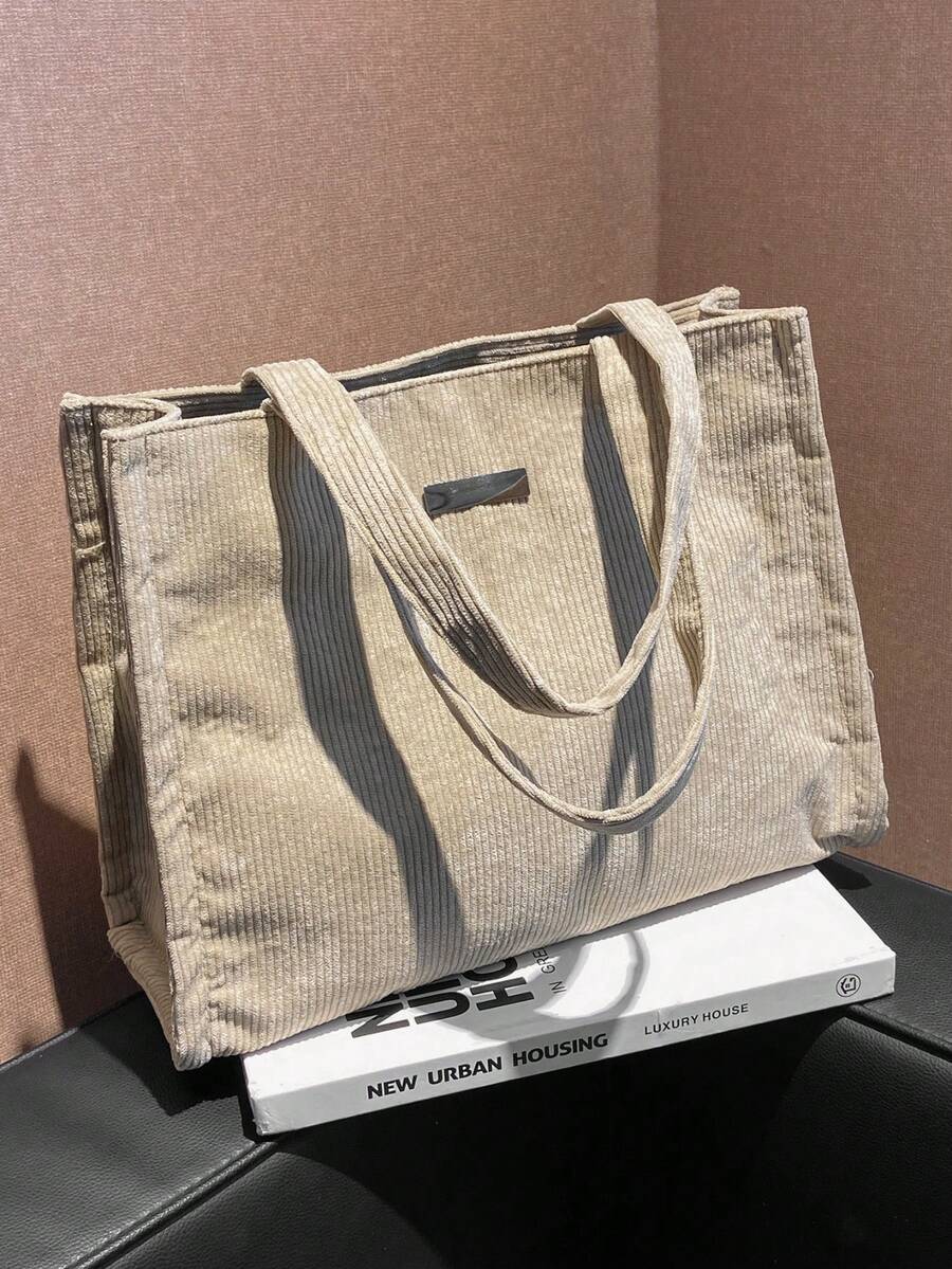 Women's Minimalist Ribbed Tote Bag, Metal Logo Zipper Handbag, Lightweight Shoulder Bag, Suitable For Commuting, School, Daily Shopping