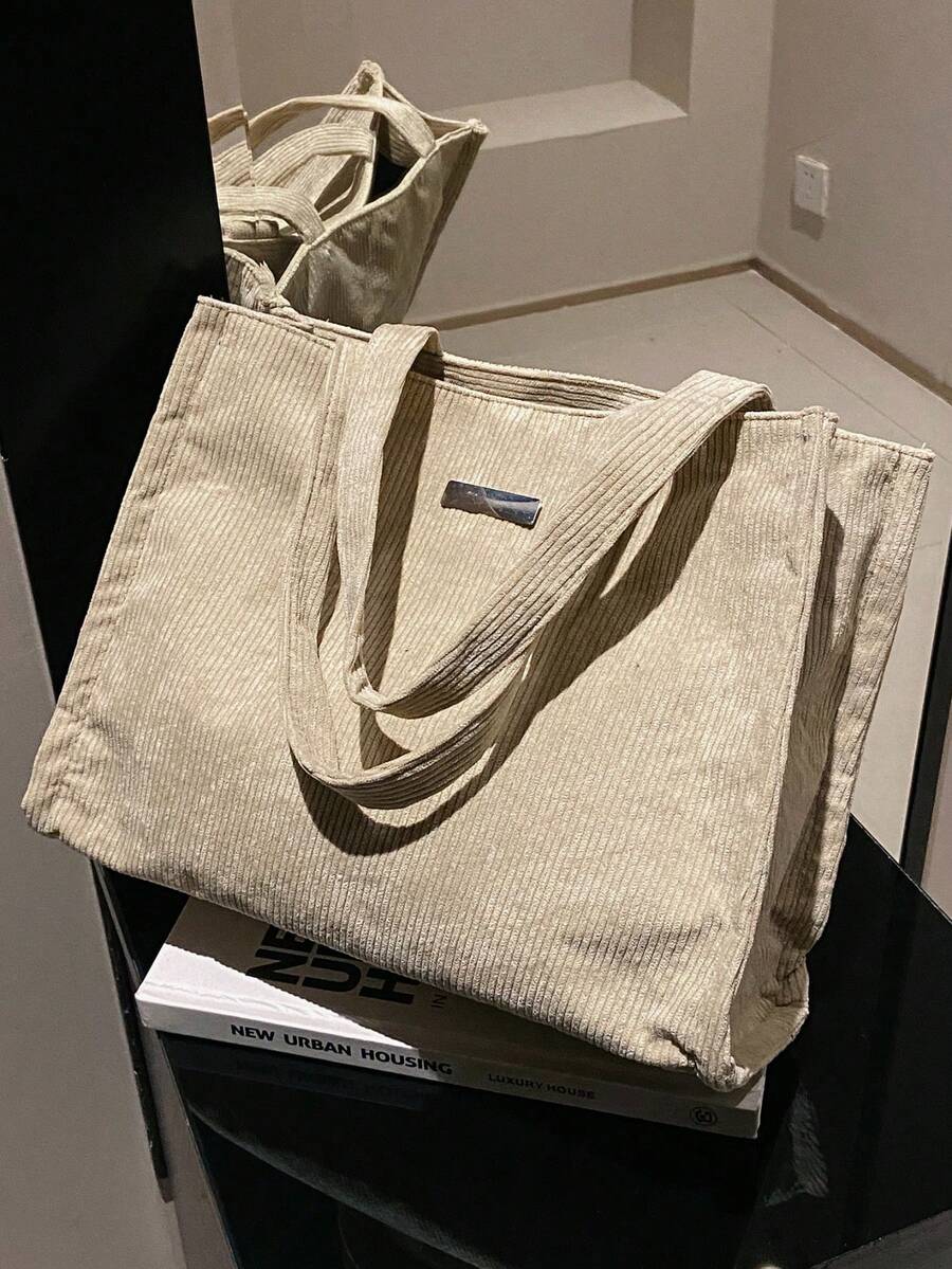 Women's Minimalist Ribbed Tote Bag, Metal Logo Zipper Handbag, Lightweight Shoulder Bag, Suitable For Commuting, School, Daily Shopping