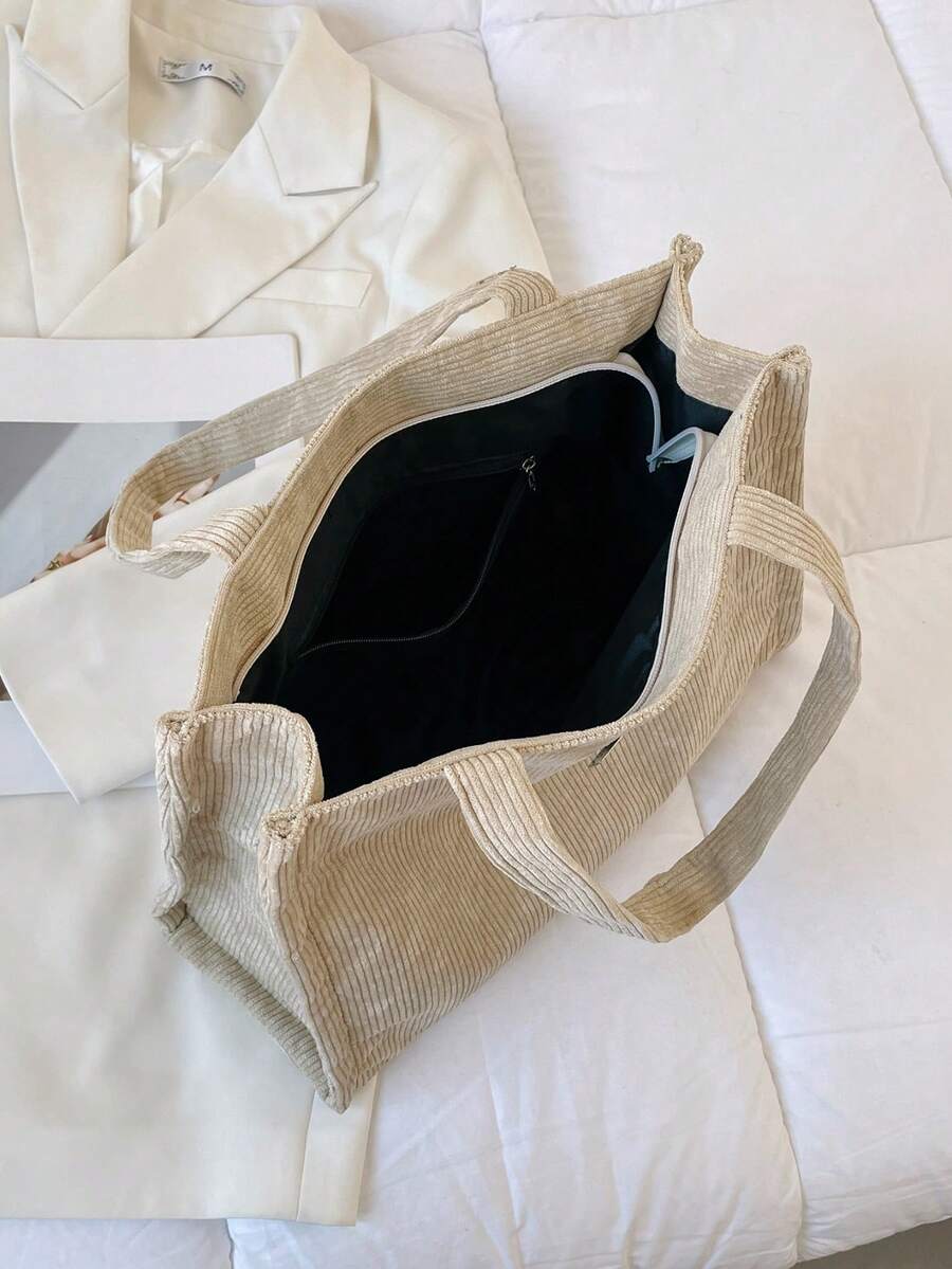 Women's Minimalist Ribbed Tote Bag, Metal Logo Zipper Handbag, Lightweight Shoulder Bag, Suitable For Commuting, School, Daily Shopping
