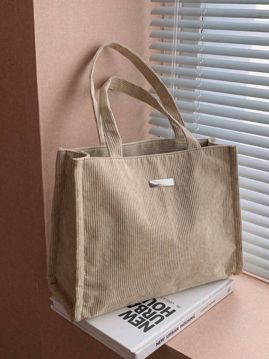 Women's Minimalist Ribbed Tote Bag, Metal Logo Zipper Handbag, Lightweight Shoulder Bag, Suitable For Commuting, School, Daily Shopping