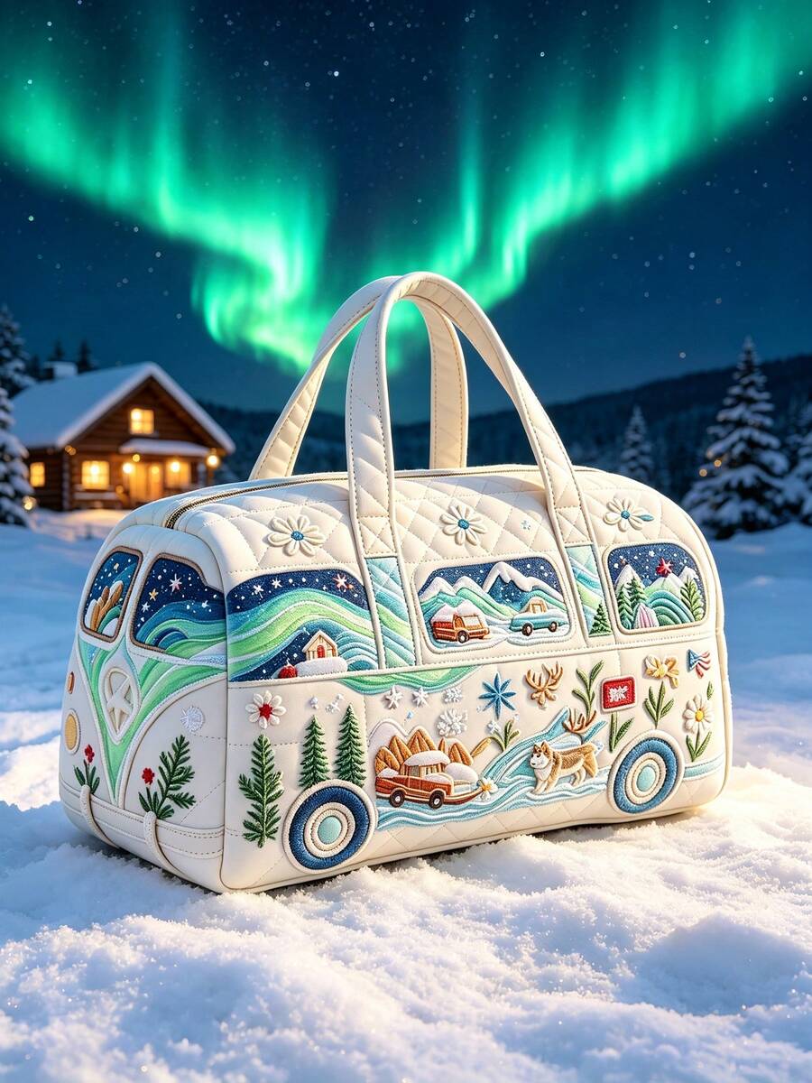 Women 3D Print Quilted Duffle Handbag Large Capacity Travel Bag With Retro Bus Aurora Forest Cabin Star Wildflower Patchwork Print