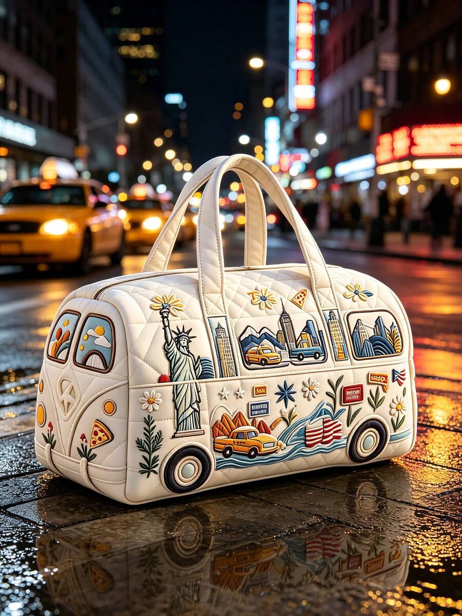 Women 3D Print Quilted Duffle Handbag Large Capacity Travel Bag With Retro Bus Aurora Forest Cabin Star Wildflower Patchwork Print