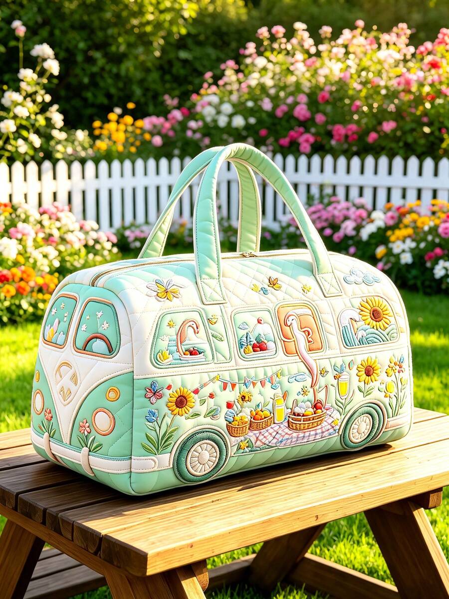 Women 3D Print Quilted Duffle Handbag Large Capacity Travel Bag With Retro Bus Aurora Forest Cabin Star Wildflower Patchwork Print