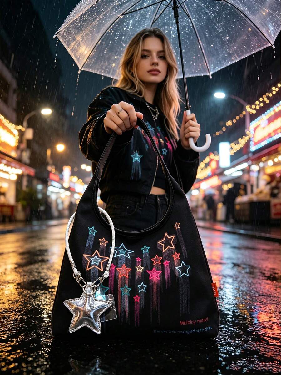 Women's Fashion Handbag- With Star Phone Lanyard Keychain, Y2K Personalized Star Design, Large Capacity Women's Tote Bag, Versatile Casual Shoulder Bag, Reusable Storage Bag, Dumpling Bag, Underarm B