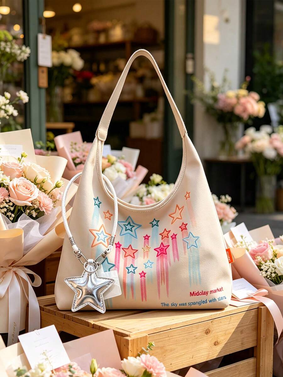 Women's Fashion Handbag- With Star Phone Lanyard Keychain, Y2K Personalized Star Design, Large Capacity Women's Tote Bag, Versatile Casual Shoulder Bag, Reusable Storage Bag, Dumpling Bag, Underarm B