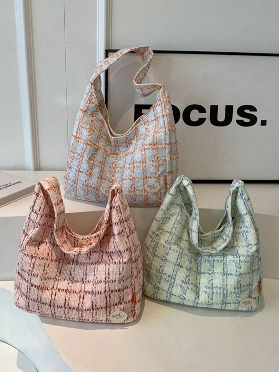 College Style Women's Plaid Corduroy Handbag- Decorated With Embroidered Rose Lace Bow, New Autumn/Winter Student Corduroy Bag, Student Commuter Dumpling Bag, Multi-Pocket Shoulder Bag, Underarm Bag