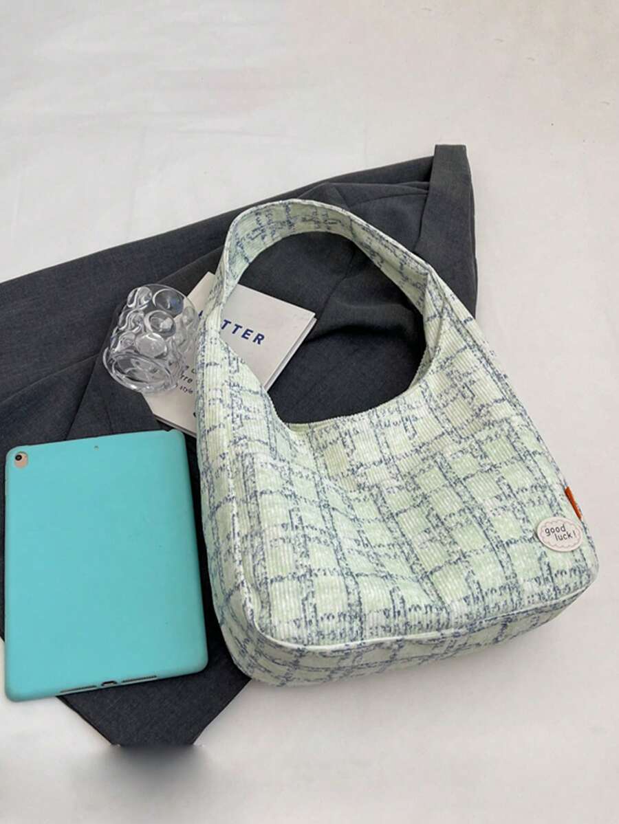 College Style Women's Plaid Corduroy Handbag- Decorated With Embroidered Rose Lace Bow, New Autumn/Winter Student Corduroy Bag, Student Commuter Dumpling Bag, Multi-Pocket Shoulder Bag, Underarm Bag
