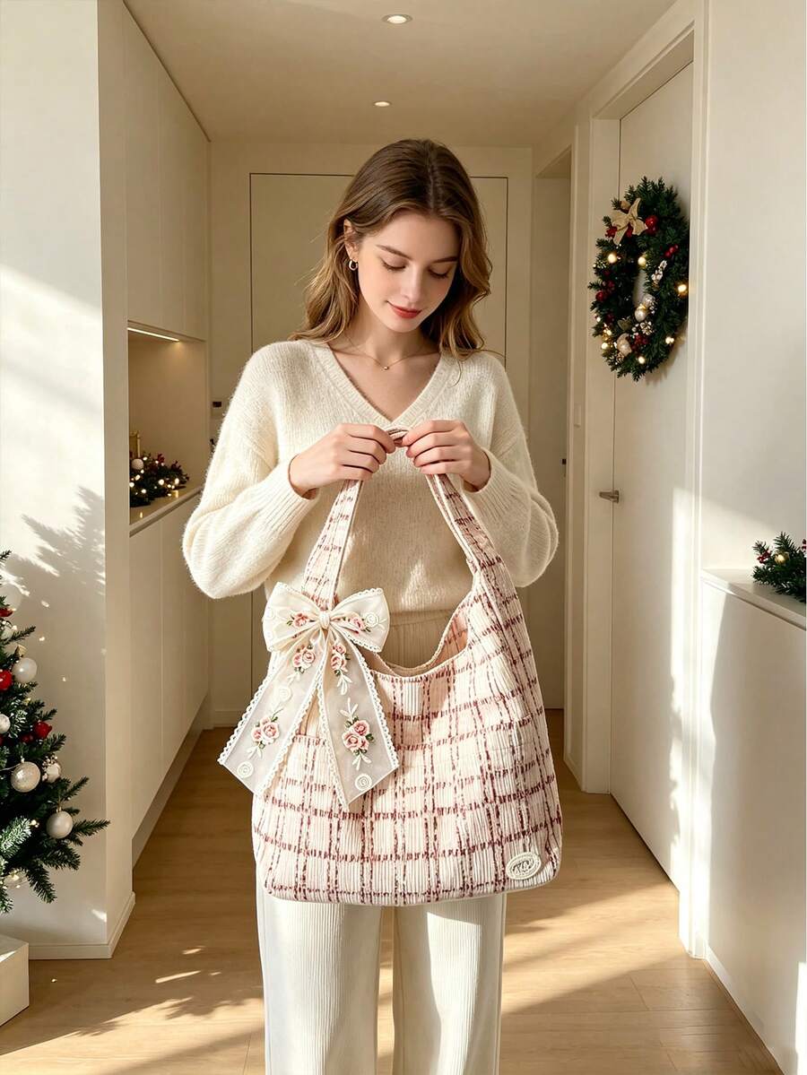College Style Women's Plaid Corduroy Handbag- Decorated With Embroidered Rose Lace Bow, New Autumn/Winter Student Corduroy Bag, Student Commuter Dumpling Bag, Multi-Pocket Shoulder Bag, Underarm Bag