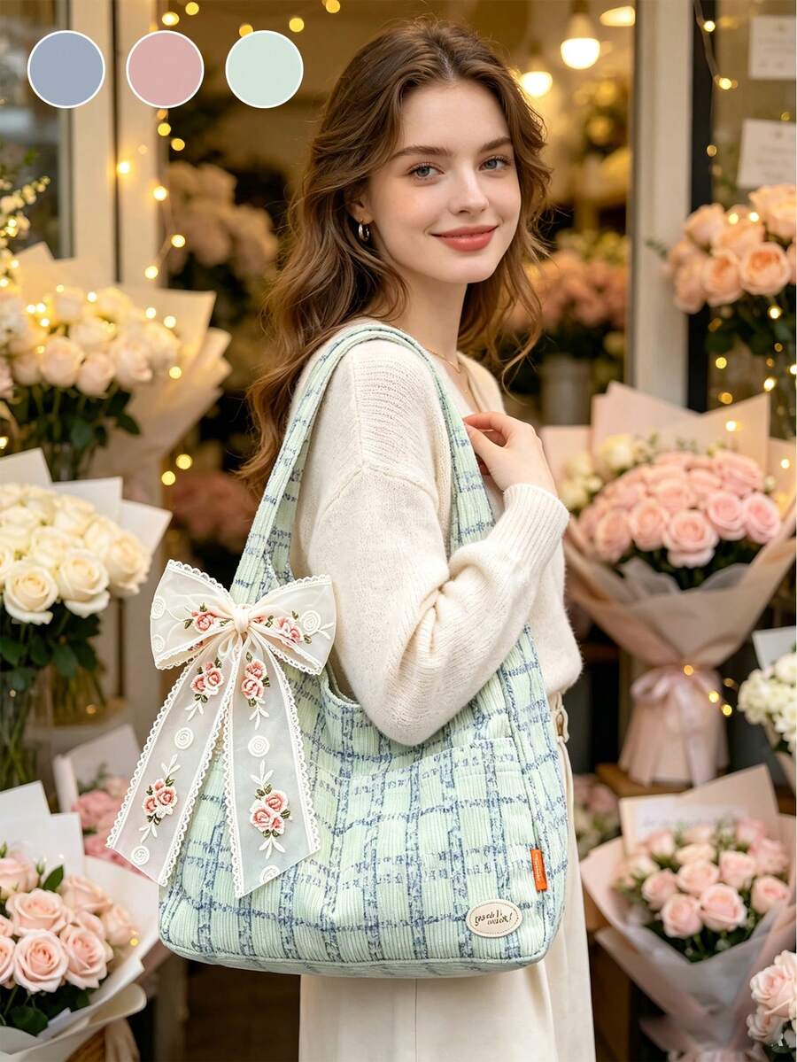 College Style Women's Plaid Corduroy Handbag- Decorated With Embroidered Rose Lace Bow, New Autumn/Winter Student Corduroy Bag, Student Commuter Dumpling Bag, Multi-Pocket Shoulder Bag, Underarm Bag