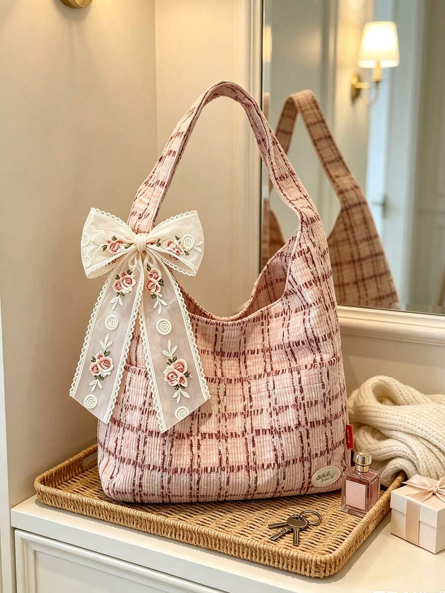 College Style Women's Plaid Corduroy Handbag- Decorated With Embroidered Rose Lace Bow, New Autumn/Winter Student Corduroy Bag, Student Commuter Dumpling Bag, Multi-Pocket Shoulder Bag, Underarm Bag
