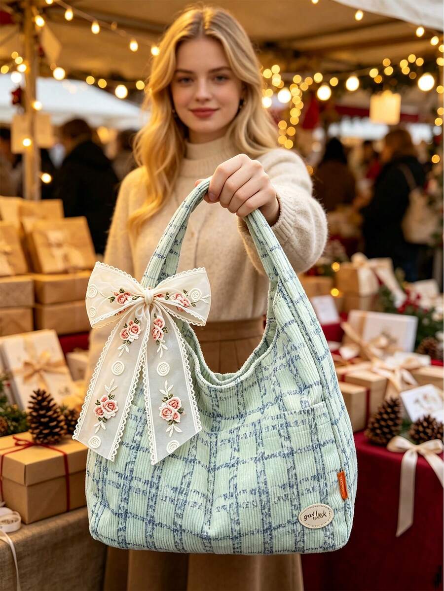 College Style Women's Plaid Corduroy Handbag- Decorated With Embroidered Rose Lace Bow, New Autumn/Winter Student Corduroy Bag, Student Commuter Dumpling Bag, Multi-Pocket Shoulder Bag, Underarm Bag