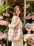 College Style Women's Plaid Corduroy Handbag- Decorated With Embroidered Rose La