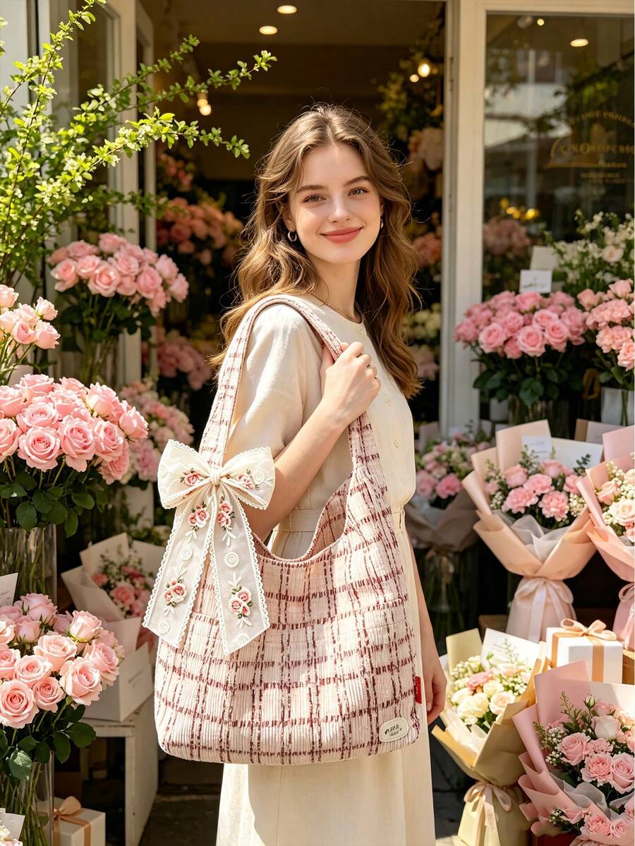 College Style Women's Plaid Corduroy Handbag- Decorated With Embroidered Rose Lace Bow, New Autumn/Winter Student Corduroy Bag, Student Commuter Dumpling Bag, Multi-Pocket Shoulder Bag, Underarm Bag