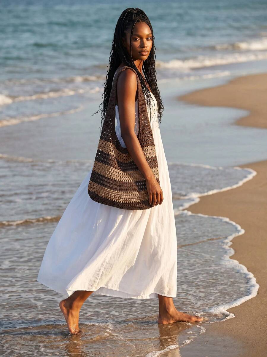 CAJUNI 2026 New Handmade Crochet Woven Tote Bag For Women, Perfect For Beach Vacation, Travel, Shopping And Holiday Essential, Crochet