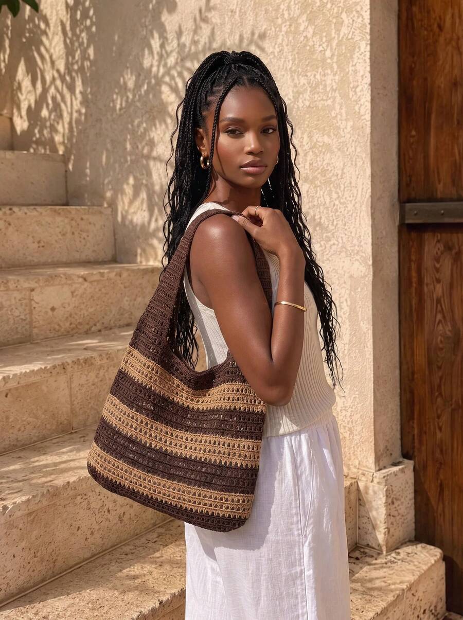 CAJUNI 2026 New Handmade Crochet Woven Tote Bag For Women, Perfect For Beach Vacation, Travel, Shopping And Holiday Essential, Crochet