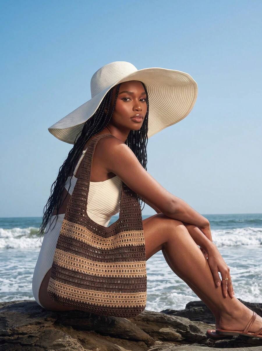 CAJUNI 2026 New Handmade Crochet Woven Tote Bag For Women, Perfect For Beach Vacation, Travel, Shopping And Holiday Essential, Crochet
