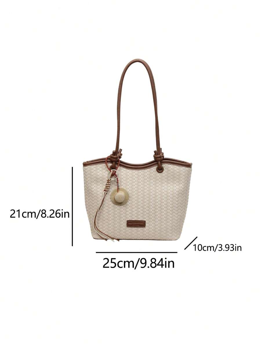 Fashionable Minimalist Woven Texture Large Capacity Tote Bag, Colorblock Handheld Straw Hat Pendant, Daily Commute Shoulder Bag