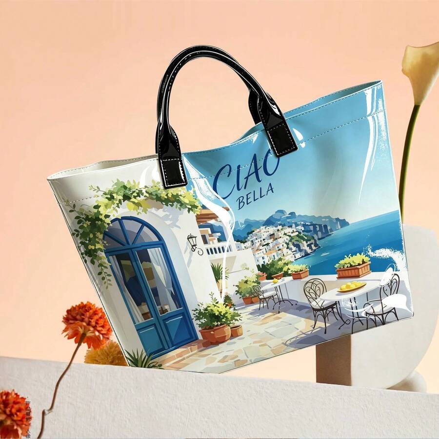 1pc Blue Ocean Village Ciao Bella Art Tote|For Shopping & Summer Holidays|Scenic Holiday Gift Idea
