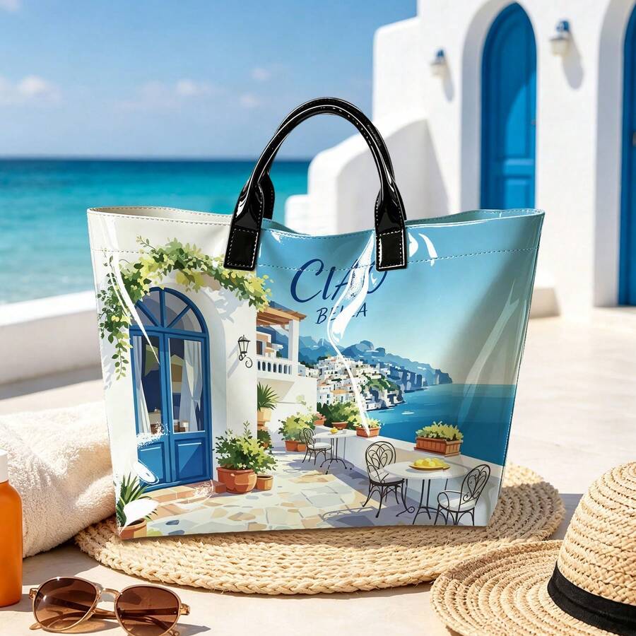 1pc Blue Ocean Village Ciao Bella Art Tote|For Shopping & Summer Holidays|Scenic Holiday Gift Idea