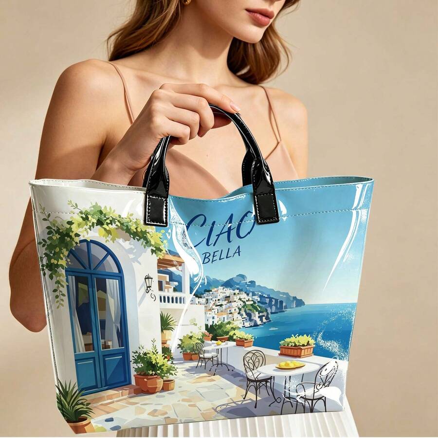 1pc Blue Ocean Village Ciao Bella Art Tote|For Shopping & Summer Holidays|Scenic Holiday Gift Idea
