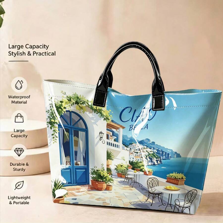 1pc Blue Ocean Village Ciao Bella Art Tote|For Shopping & Summer Holidays|Scenic Holiday Gift Idea