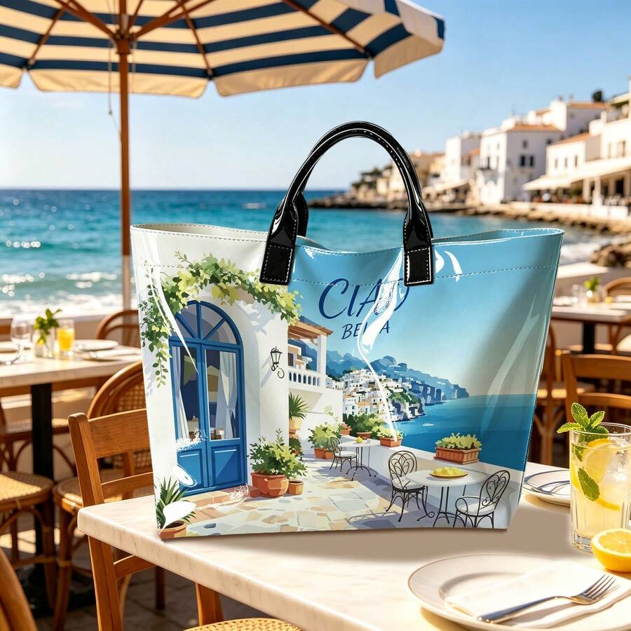 1pc Blue Ocean Village Ciao Bella Art Tote|For Shopping & Summer Holidays|Scenic Holiday Gift Idea