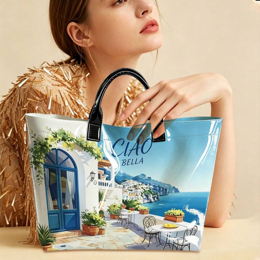 1pc Blue Ocean Village Ciao Bella Art Tote|For Shopping & Summer Holidays|Scenic Holiday Gift Idea