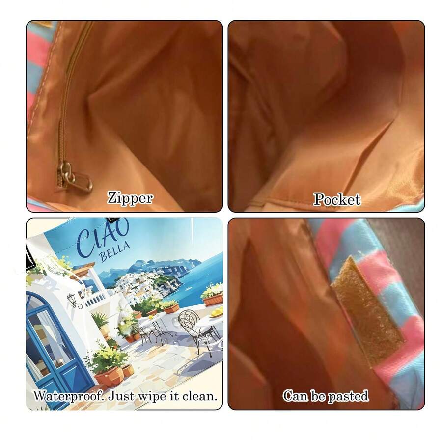 1pc Blue Ocean Village Ciao Bella Art Tote|For Shopping & Summer Holidays|Scenic Holiday Gift Idea