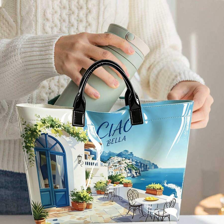 1pc Blue Ocean Village Ciao Bella Art Tote|For Shopping & Summer Holidays|Scenic Holiday Gift Idea