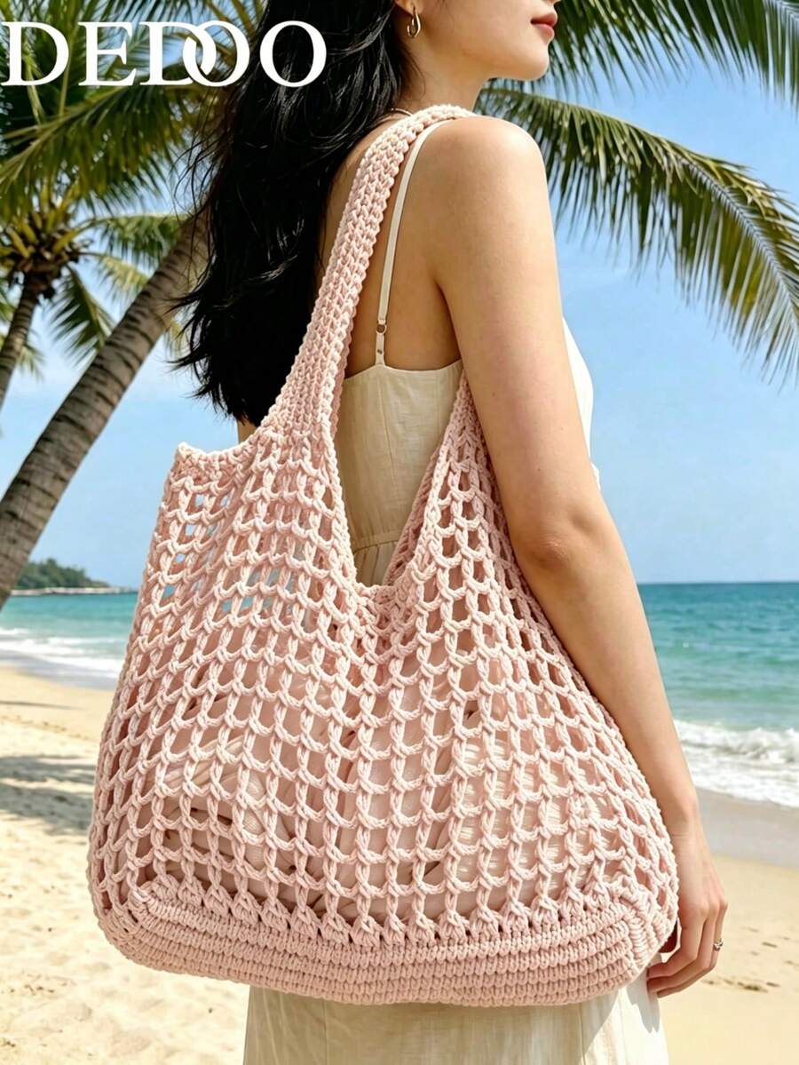 Dedoo Cream White Hollow Knit Large Capacity Tote Bag, Mesh Shopping Bag, Practical Shoulder Bag, Suitable For Vacation And Daily Outings
