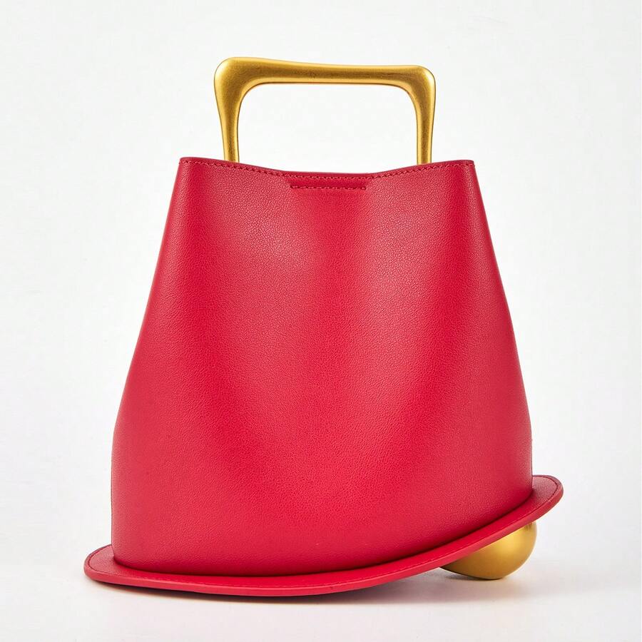Small Tote Bag This Stylish And Minimalist Women's Handbag/Bucket Bag Is PU Material And Features Metal Handles And An Adjustable Shoulder Strap