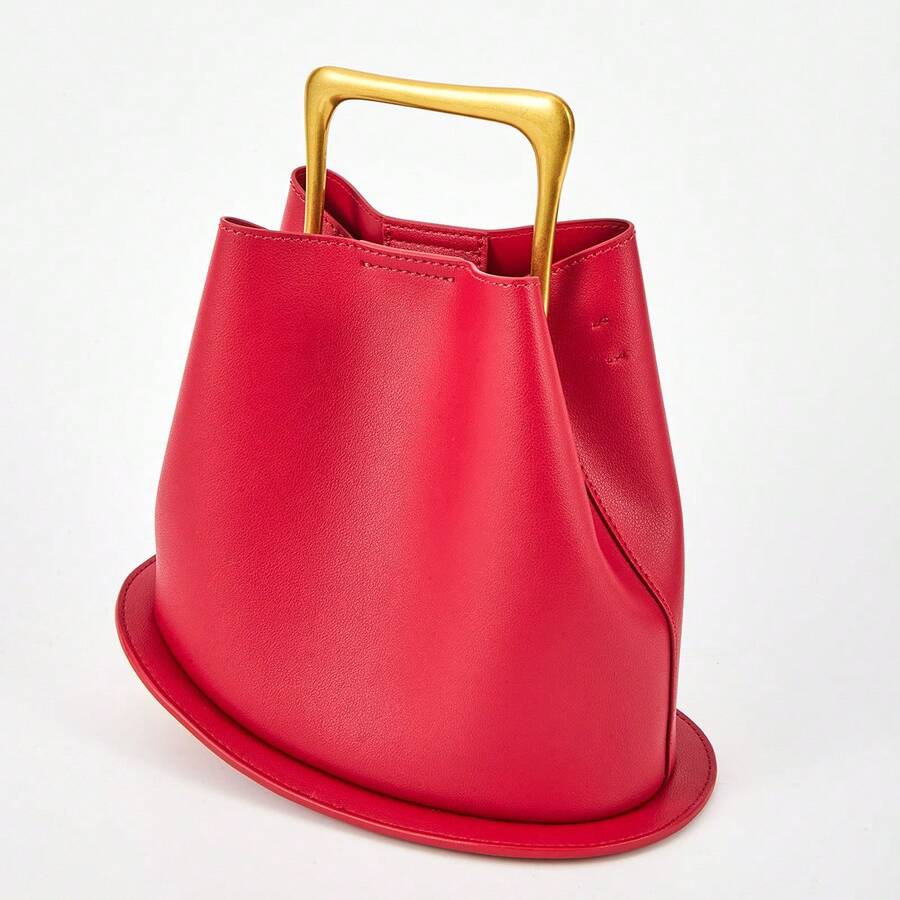 Small Tote Bag This Stylish And Minimalist Women's Handbag/Bucket Bag Is PU Material And Features Metal Handles And An Adjustable Shoulder Strap