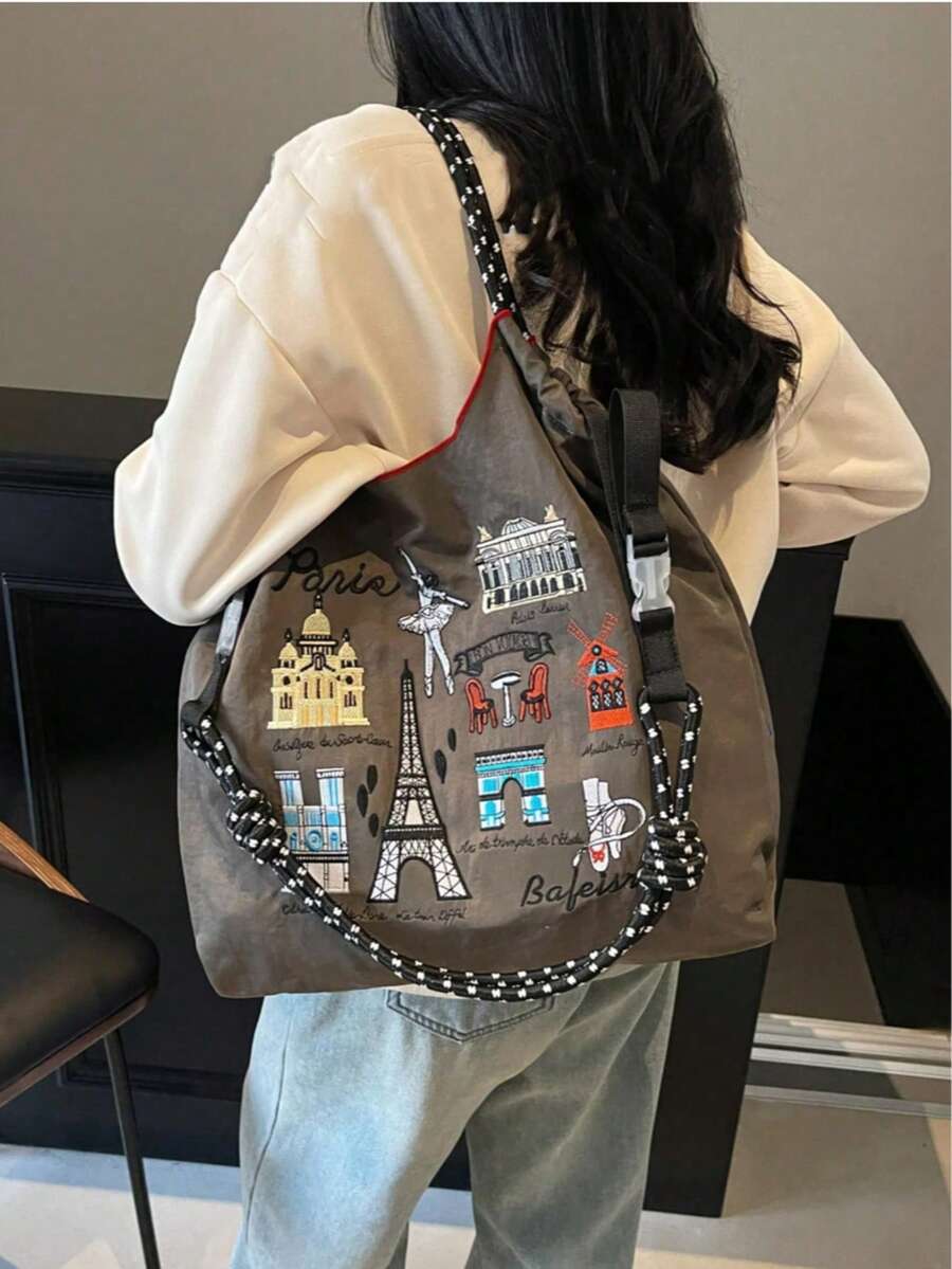 Vintage French Paris Embroidery Tote Bag For Women, Gray-Brown Nylon Soft Body Large Capacity Hobo Shoulder Bag, Eiffel Tower Arc De Triomphe Moulin Rouge Ballet Embroidery + Red Trim + Black & White