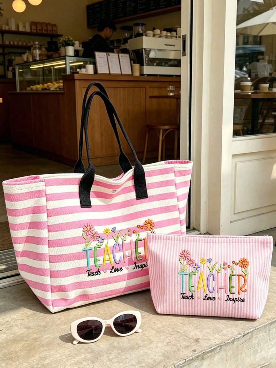 Large Capacity Vintage Striped Tote Bag- Teacher's Day Faux Embroidery Pattern Print (2D) Foldable Shoulder Bag With Women's Makeup Bag, Waterproof And Sand-Proof Travel Bag, Suitable For Carrying Te